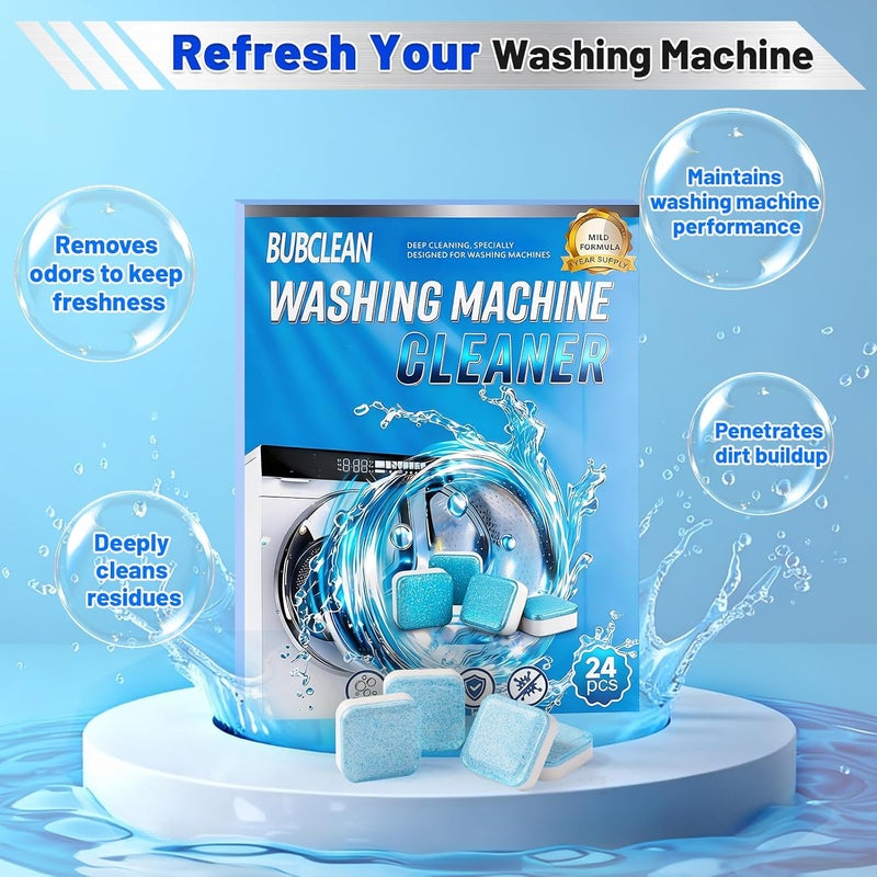 BUBCLEAN 24 pack Washing Machine Cleaner Descaler, Deep Cleaning Tablets for Front Loader, Top Load & HE Washer, Septic Safe Odor & Water Buildup Removal, Clean Drum & Laundry Tub Seal - Image 2